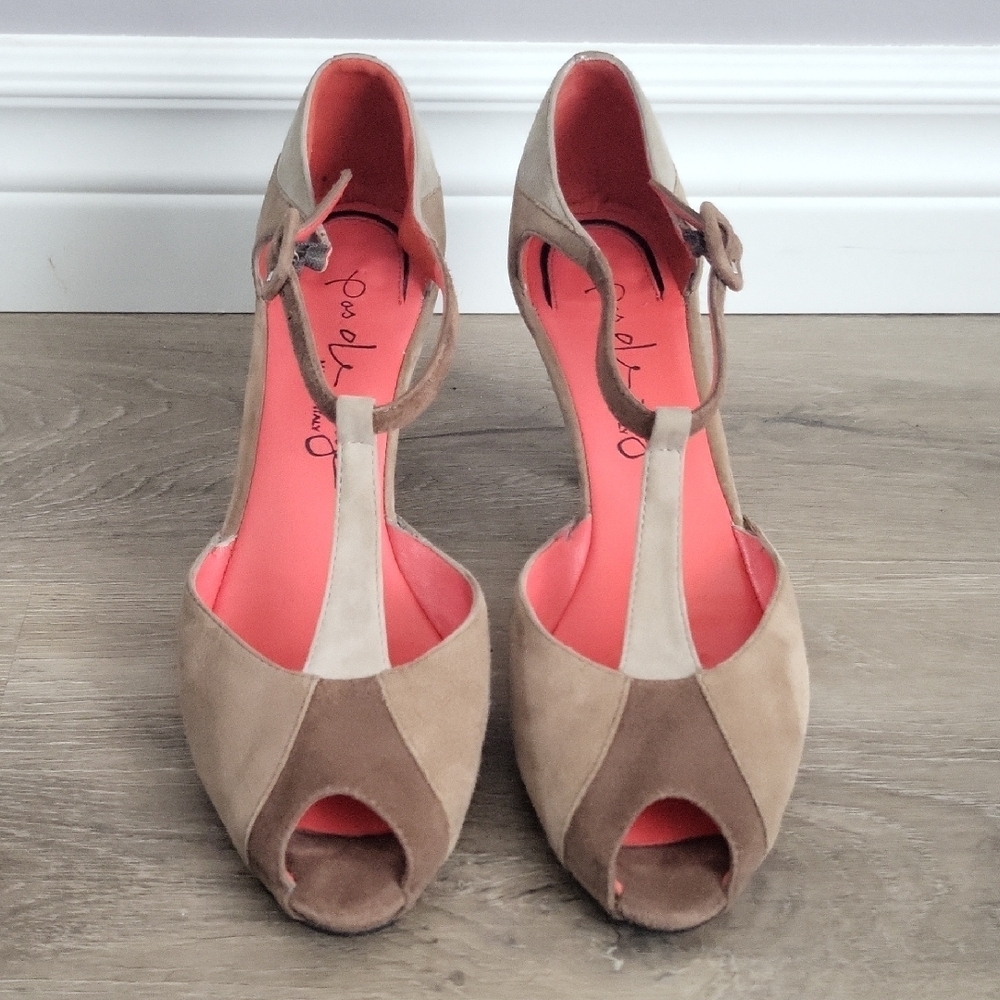 Pas de Rouge Italian Suede T-Strap Peep Toe Heels 9.5